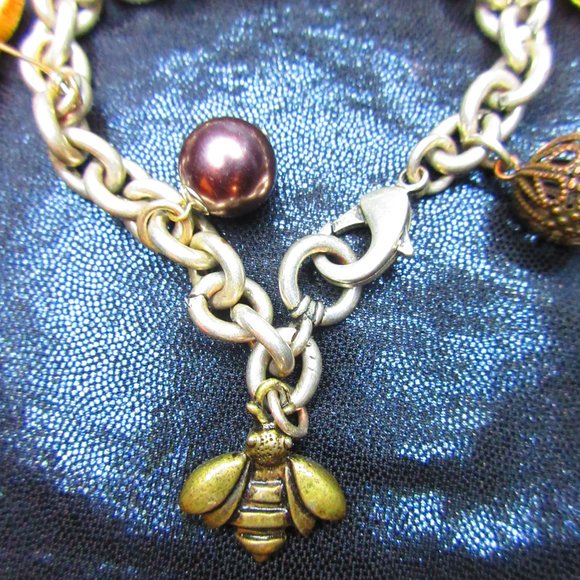 Charm Bracelet With Hearts Pearls Horseshoe Heart Locket Lobster Claw Clasp - Picture 6 of 8
